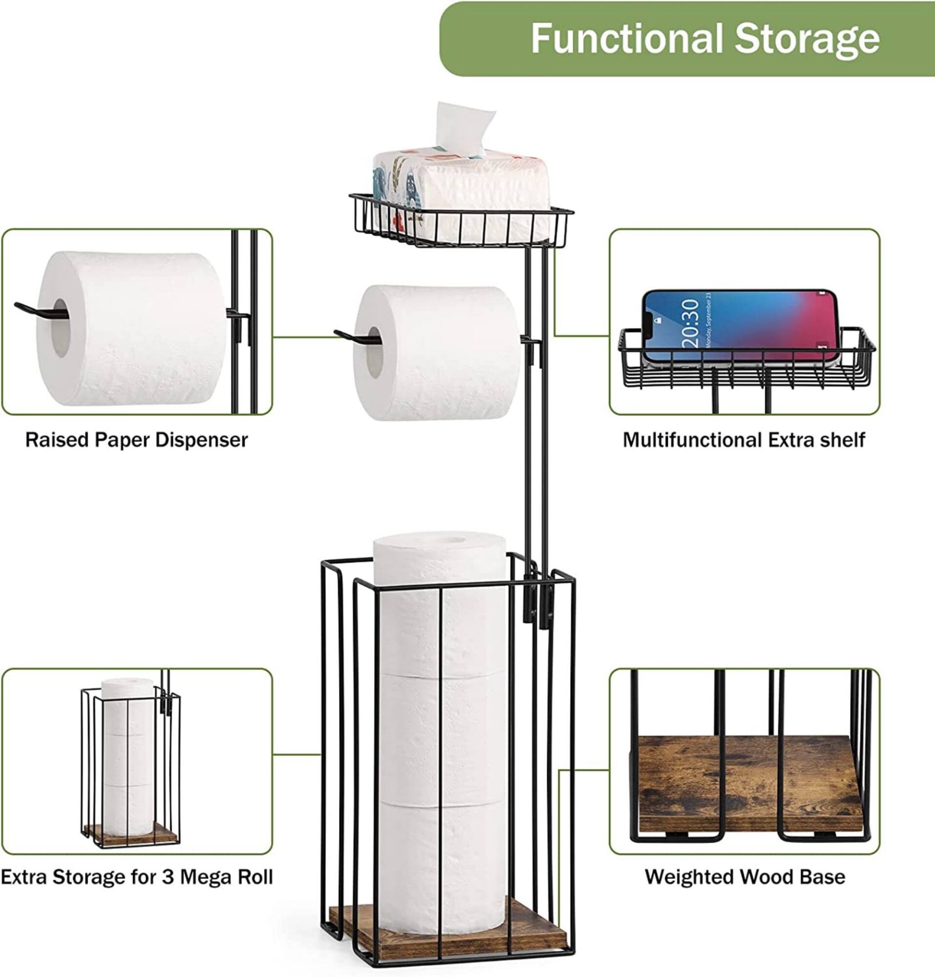 NEX™ 23.5" Black Freestanding Toilet Paper Holder with Shelf
